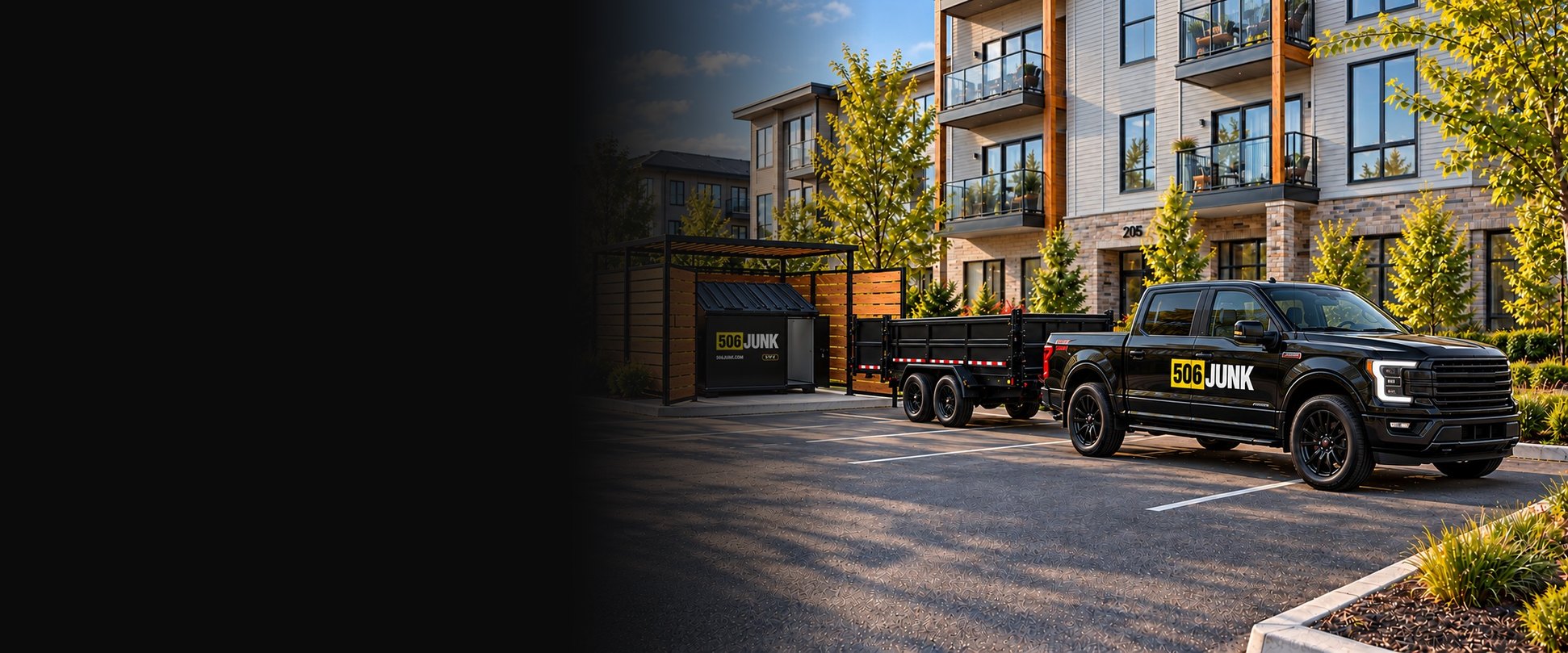 A black 506 Junk pickup towing a dump trailer in an apartment parking lot, beside a 506 Junk bin in a wood and steel enclosure