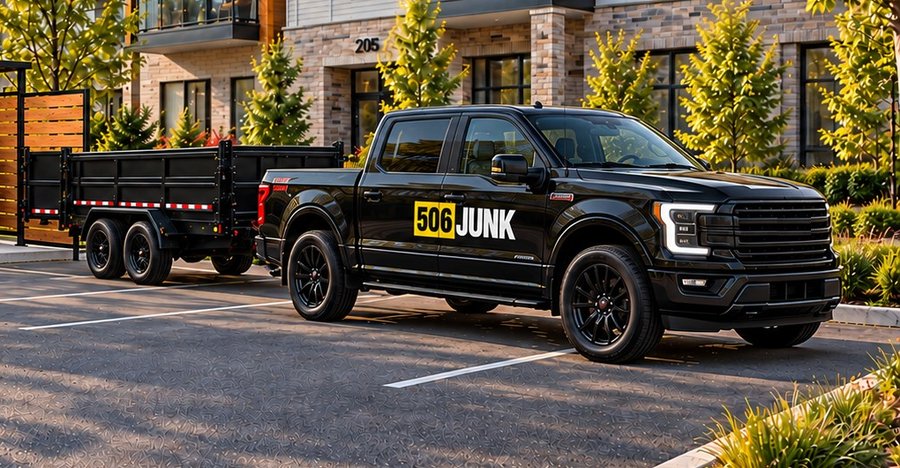 The black 506 Junk pickup and dump trailer parked in an apartment lot.