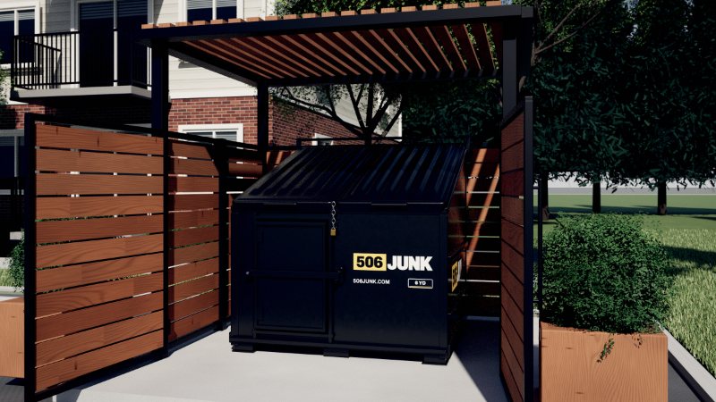 The same corner of the apartment lot with a tidy cedar and black steel enclosure and planters