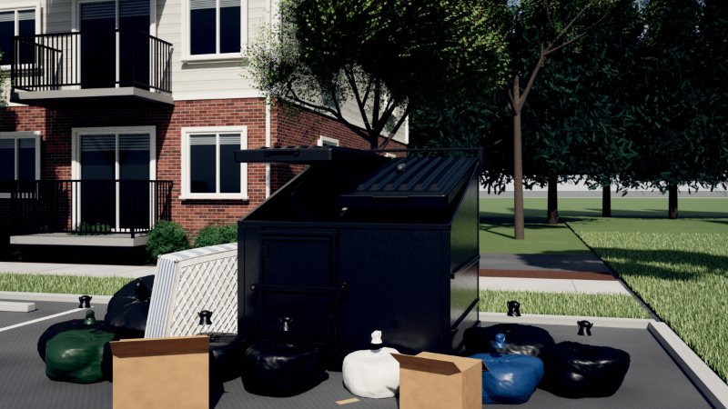 Overflowing bare bin with garbage bags, boxes and a mattress piled beside it in an apartment lot