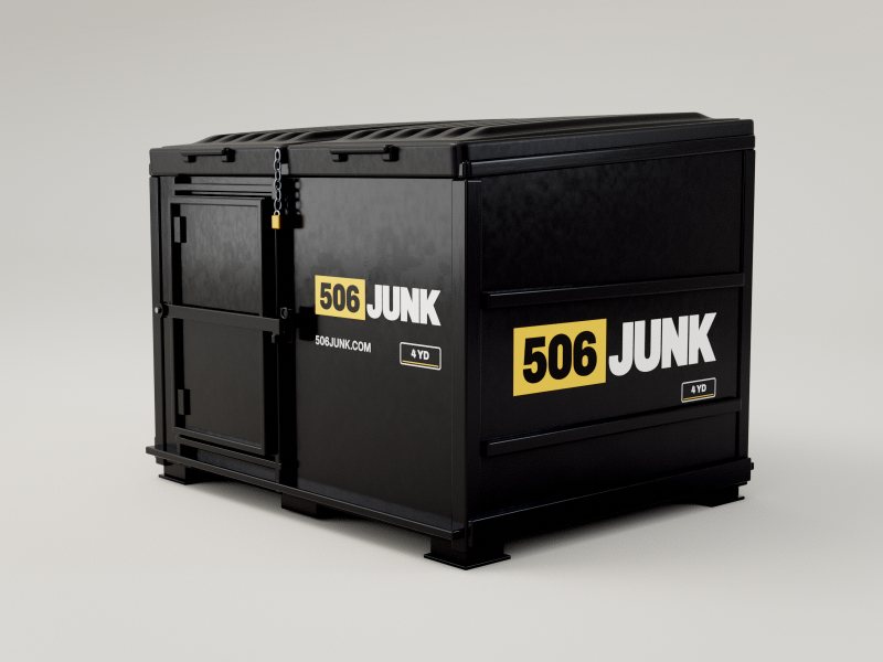 A black 506 Junk 4-yard bin with a front crew door and ribbed lid