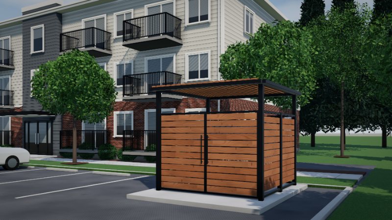 A modern black steel and slatted wood enclosure around a garbage bin