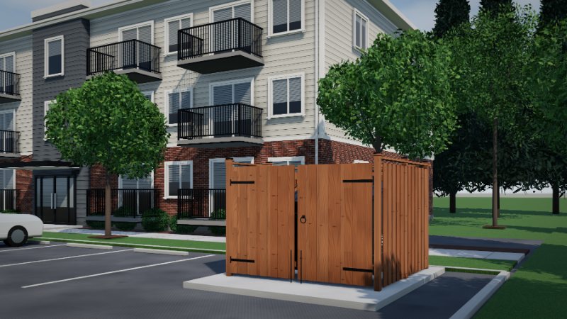 Cedar board-on-board bin enclosure with black strap hinges at an apartment lot